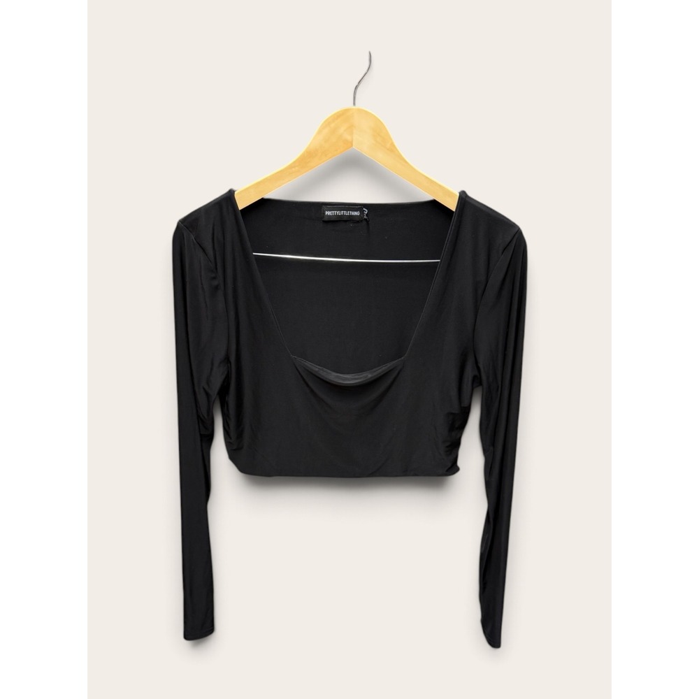 PrettyLittleThing Womens Black Long Sleeve Square Neck Slinky Crop Top Size 10